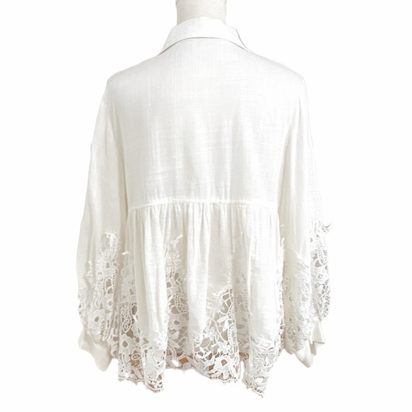 MIHO CREAM BUTTON FRONT EMBROIDERED PUFFY BOHEMIAN TUNIC BLOUSE - Picture 3 of 12